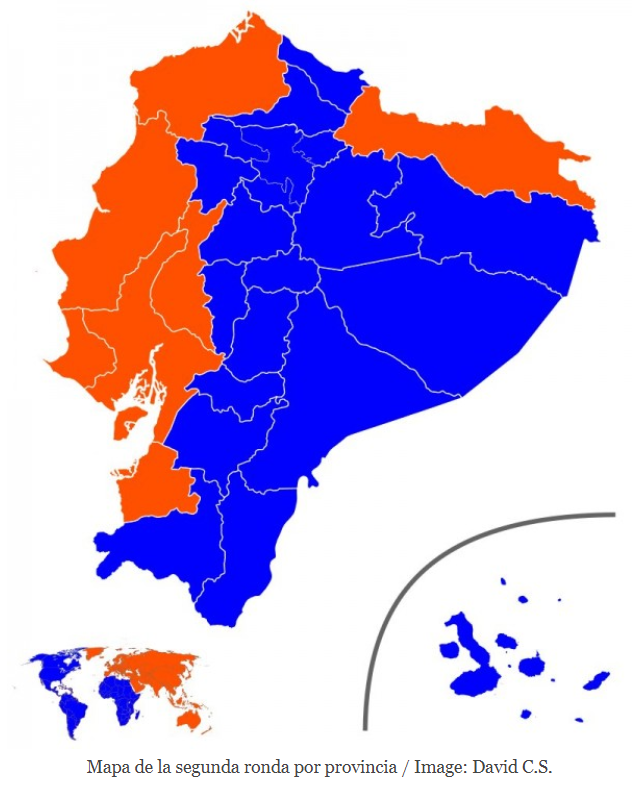 mapa de a segunda ronda por provincia elecciones Ecuador abr 21