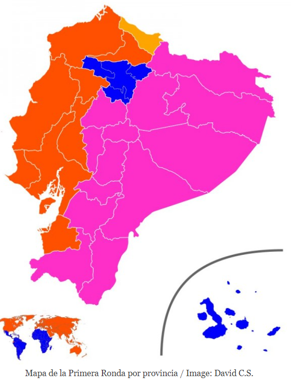 mapa de la primera ronda por provincia elecciones Ecuador abr 21