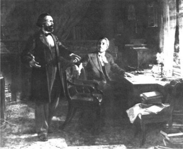Marx y Engels redactando el Manifiesto comunista por V. Polyakov. DP